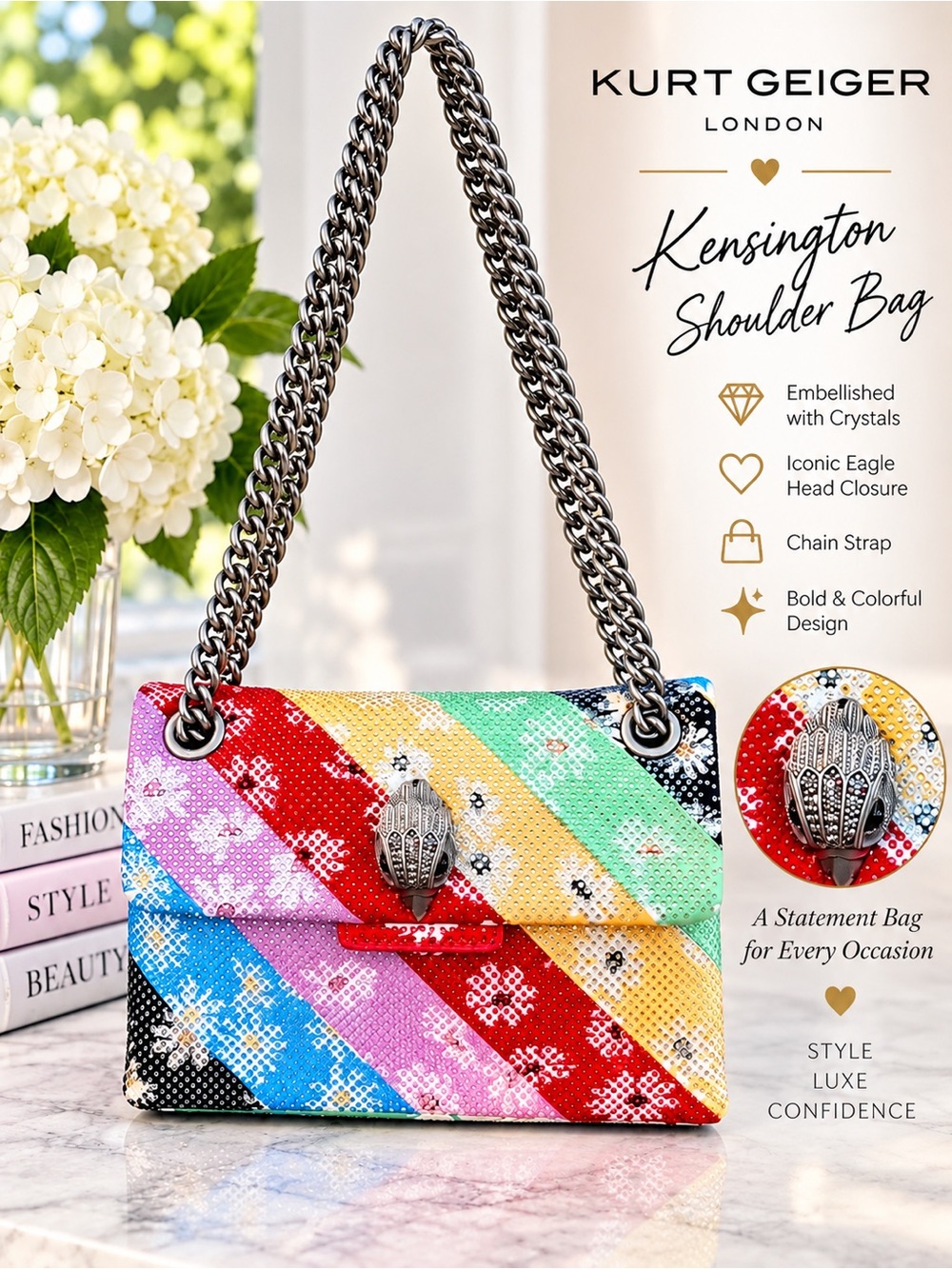 🌈 Kurt Geiger Kensington Rainbow Crystal Embellished Shoulder/Crossbody Bag 🌈